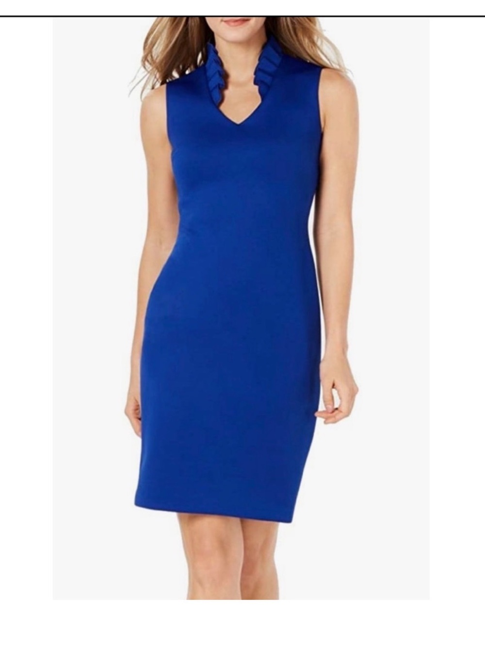 Calvin Klein sheath dress navy blue royal zip up ruffle collar medium